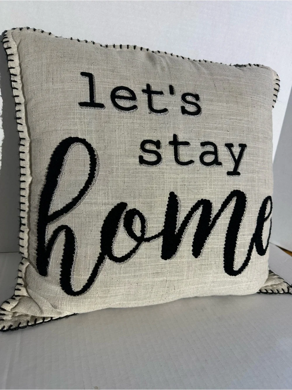 Neutral 'Let's Stay Home' Decorative Accent Pillow - Cream and Black